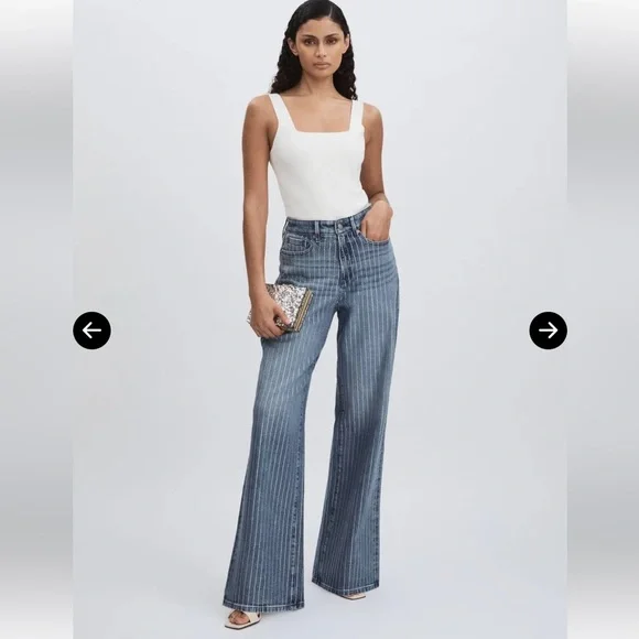 NWT Good American Good Ease Rhinestone Embellished Wide Leg - Picture 3 of 16